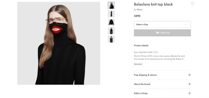A screenshot taken on Thursday Feb.7, 2019 from an online fashion outlet showing a Gucci turtleneck black wool balaclava sweater for sale, that they recently pulled from its online and physical stores. Gucci has apologized for the wool sweater that resembled a 